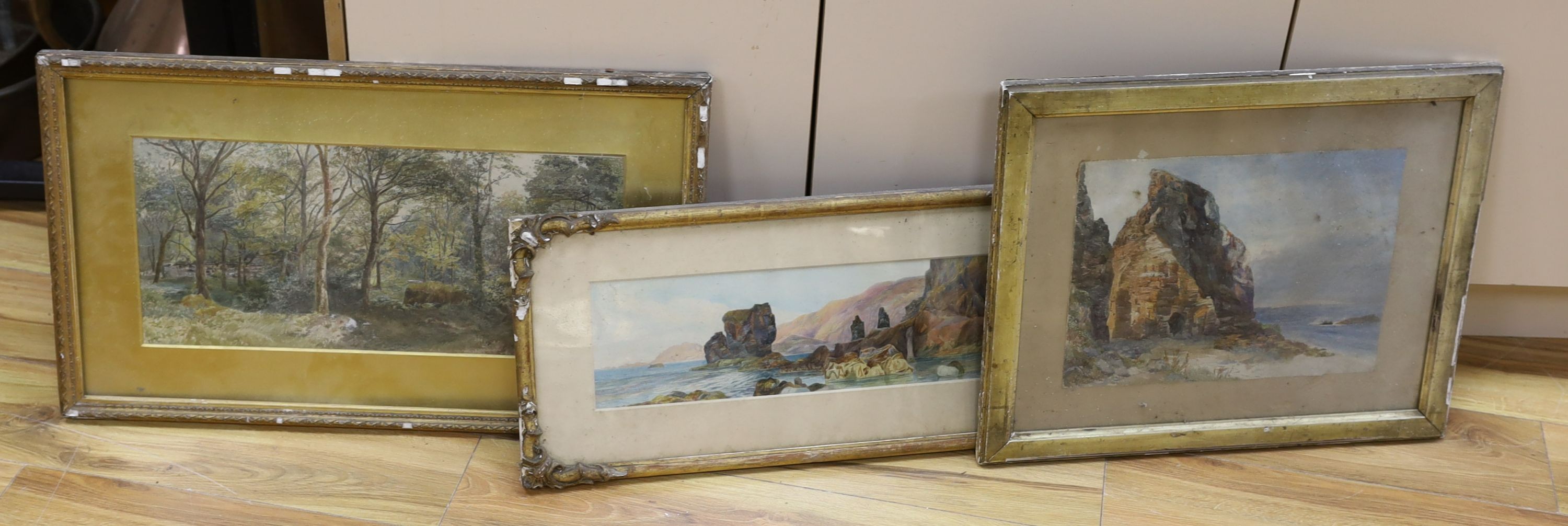 F.E. Thomas (19th C.), three watercolours, 'In a wood, Clackford, South Devon', 'Les Autelets, Sark' and Rocks beside the shore, two with artist labels verso, 24 x 52cm, 14 x 47cm and 27 x 36cm